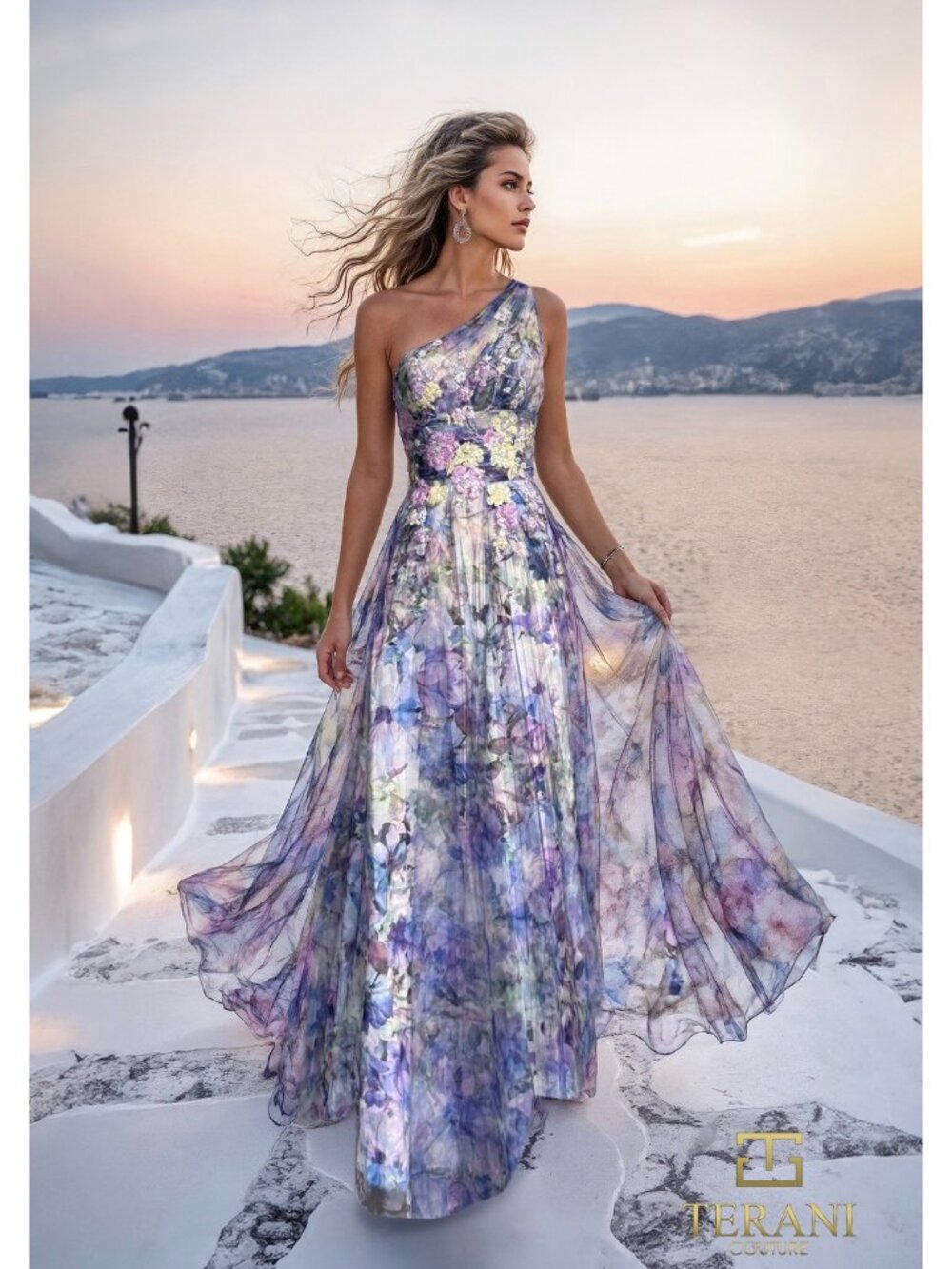 Terani Asymmetric One-Shoulder Printed Chiffon A-Line Gown - 261P6696